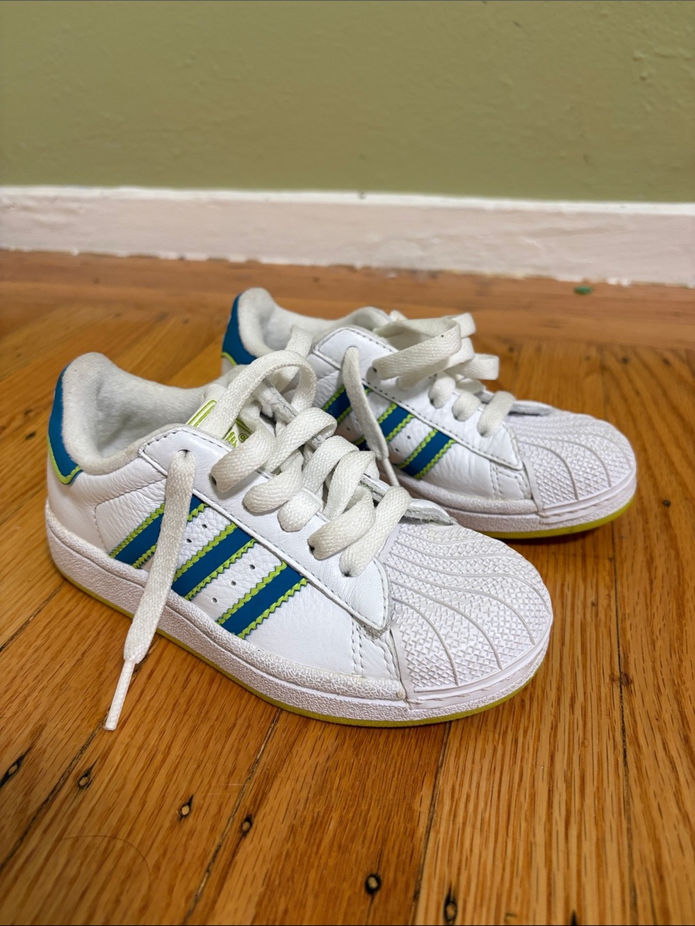 adidas Kids White Sneakers with Blue & Green Stripes